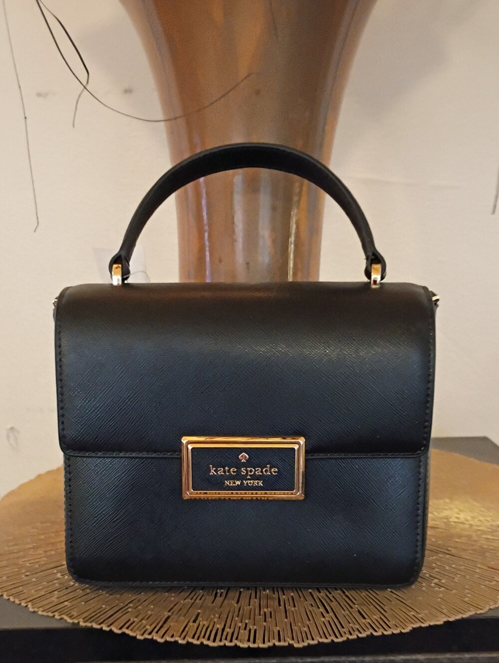 kate spade Black Saffiano Leather Mini Top-Handle Bag with Gold Plaque
